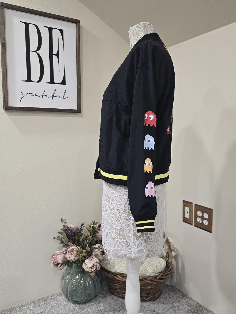 JUSTICE Pac-Man & Ghosts Black Bomber Jacket with Yellow Trim NWOT